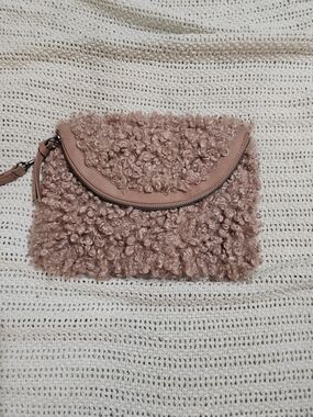 Faux Shearling Wristlet Clutch in Blush